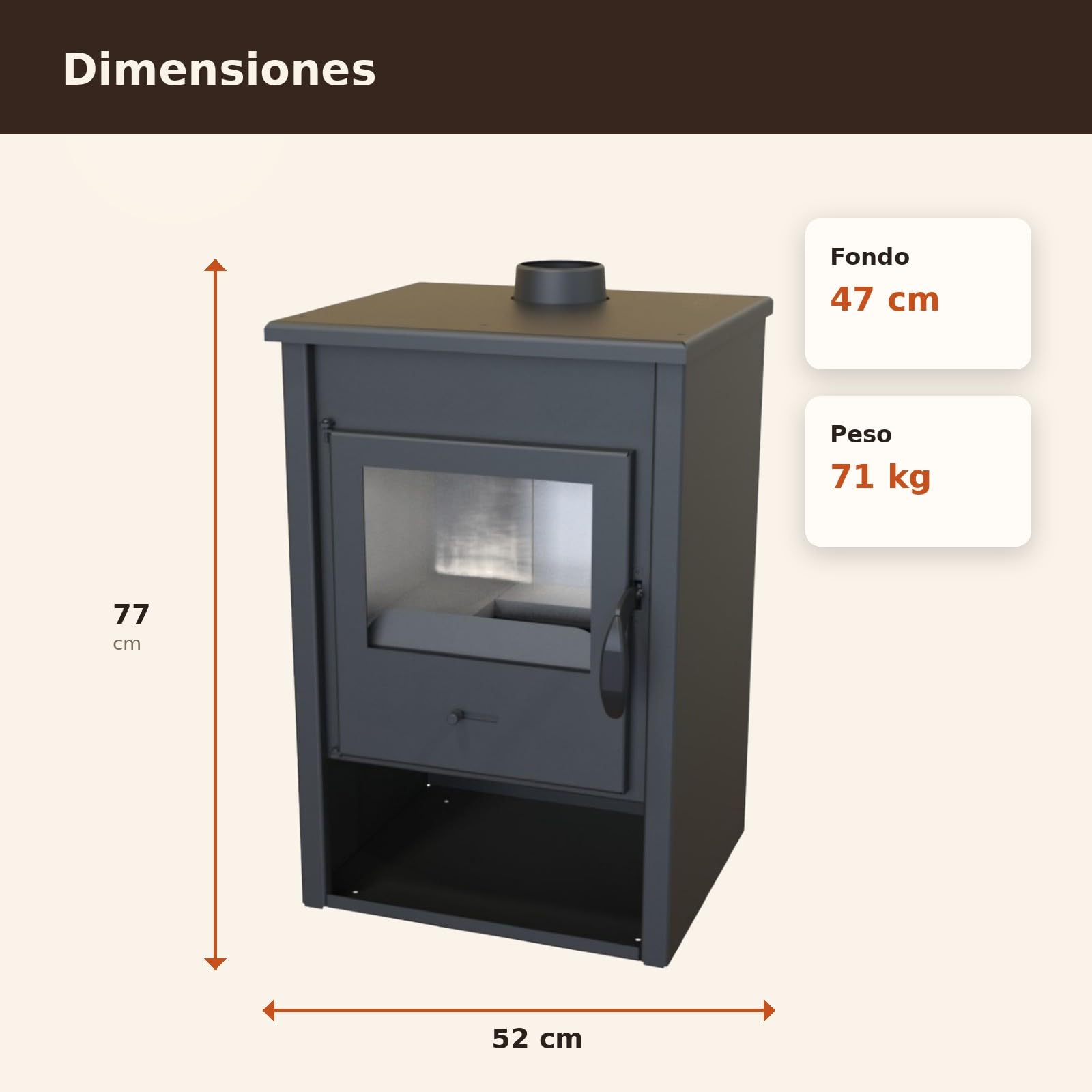 EIDER BIOMASA Estufa de Leña Minerva – 12,44 kW – Rendimiento 78% – hasta 240 m³ – Doble Combustión – Certificada CE