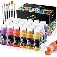 Ohuhu Outdoor Acrylic Paint for Metal, 24 Colors Paint Set, 2 oz./60ml Bottles for Artist, Beginners 18 Basic& 6 Metallic Acrylic Paints with 6 Brushes for Drawing, Waterproof Rich Pigments on Garden Statues, Woods, Rocks, Canvas, Glass, Fabrics, Last 3-4 Years