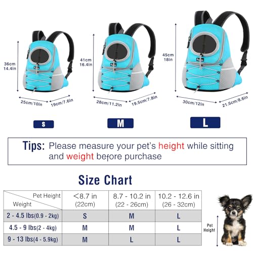 Pawaboo Pet Dog Carrier Rucksack, Puppy Dog Travel Carrier Front Pack for Small Medium Dogs Cats, Adjustable Breathable Dogs Carrying Backpack with Safety Strips for Hiking Travel Outdoor, Blue M