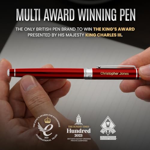 Image of Scriveiner Personalized Deep Crimson Red Rollerball Pen - Stunning Red Lacquer Luxury Pen with Chrome Finish, Schmidt Ink Refill, Engraved Roller Ball Gift Set for Men & Women, Custom Name Engraving