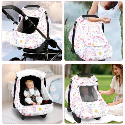 Image of Winter Car Seat Cover Baby with Sunshade & Dual Zipper Windows - Minky Bubble Lined Windproof Soft Shell, Warm Newborn Car Seat Canopy Covers, Elastic Bottom for Stroller & Infant Car Seat, Rainbow