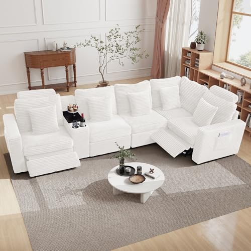 Image of RARZOE Oversized Modular Sectional Sofa with 2 Power Recliner, 5-Seater L-Shaped Corduroy Reclining Couch with Storage Console Charging Cup Holders, Fluffy Reclining Couches for Living Room,White