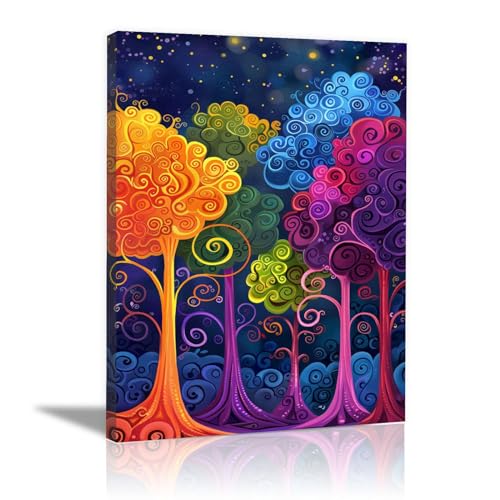 Tableau arbres colorés WODJEM 40x60cm encadré pour déco murale