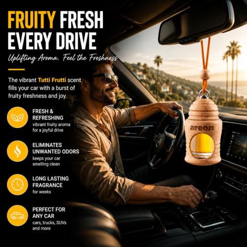Image of AREON Fresco Premium Hanging Car Air Freshener, Tutti Frutti, Pack of 1 | Premium Wooden Hanging Car Air Freshener with an Elegant, Compact Design. Suitable for Use in Cars, SUVs, Vans, and Trucks.