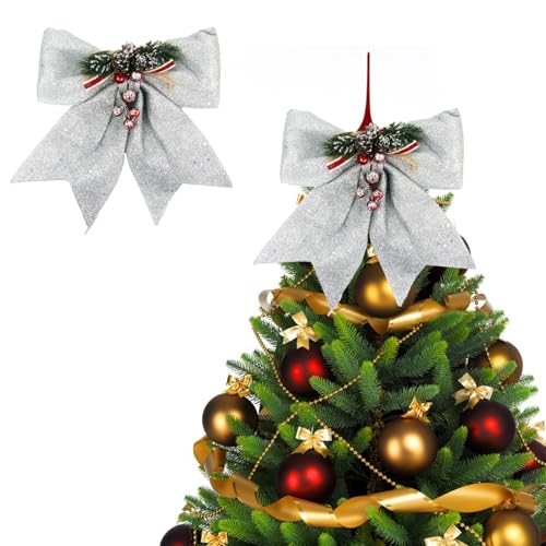Image of Large Christmas Tree Topper Bows Door Bows Christmas Wreath Bow Festival Wrapping Xmas Tree Ornaments for Indoor Outdoor Holiday Xmas Decorations (Silver)