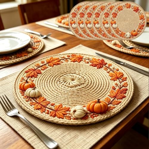 6pcs Thanksgiving Themed Woven Round Placemats, Farmhouse Table Decor - image 1