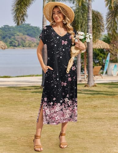 Image of Zeagoo Women Summer Floral Dress Short Sleeve Beach Dress with Pockets Casual V-Neck Split Long T-Shirt Dress Travel Vacation