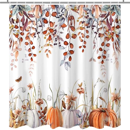 Lindameler Watercolor Autumn Leaves Shower Curtain Botanical Pumpkin Bathroom Curtain Fall Thanksgiving Waterproof Fabric Bath Shower Curtain Set with 12 Hooks 72 x 72 INES (Fall 1)