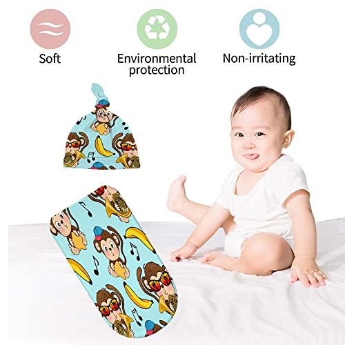 Image of Cartoon Monkey Newborn Swaddle Blankets with Hat Sets,Newborn Receiving Blanket for Boy Girl,Swaddle Sack Shower One Size