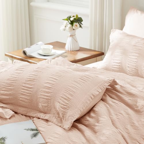 Image of Zzlpp Full Comforter Set 7 Pieces, Pink Seersucker Bed in a Bag with Comforter and Sheets, All Season Bedding Sets with 1 Comforter, 2 Pillow Shams, 2 Pillowcases, 1 Flat Sheet, 1 Fitted Sheet