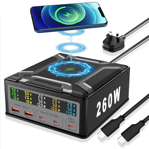 260W USB C Fast Charging Station, MUYAGU Gan Charger with 15W Wireless Charging, 140W + 100W Fast Charger, PD Quick Charger with 100W USB C Charging Cable