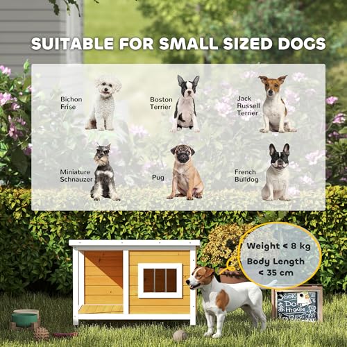 PawHut Hundehütte, Tannenholz, Hundehaus mit Terrasse und aufklappbarem Asphaltdach, Hütte für kleine Hunde, Indoor, Outdoor, wetterfest, Orange, 85,5 x 62 x 60 cm