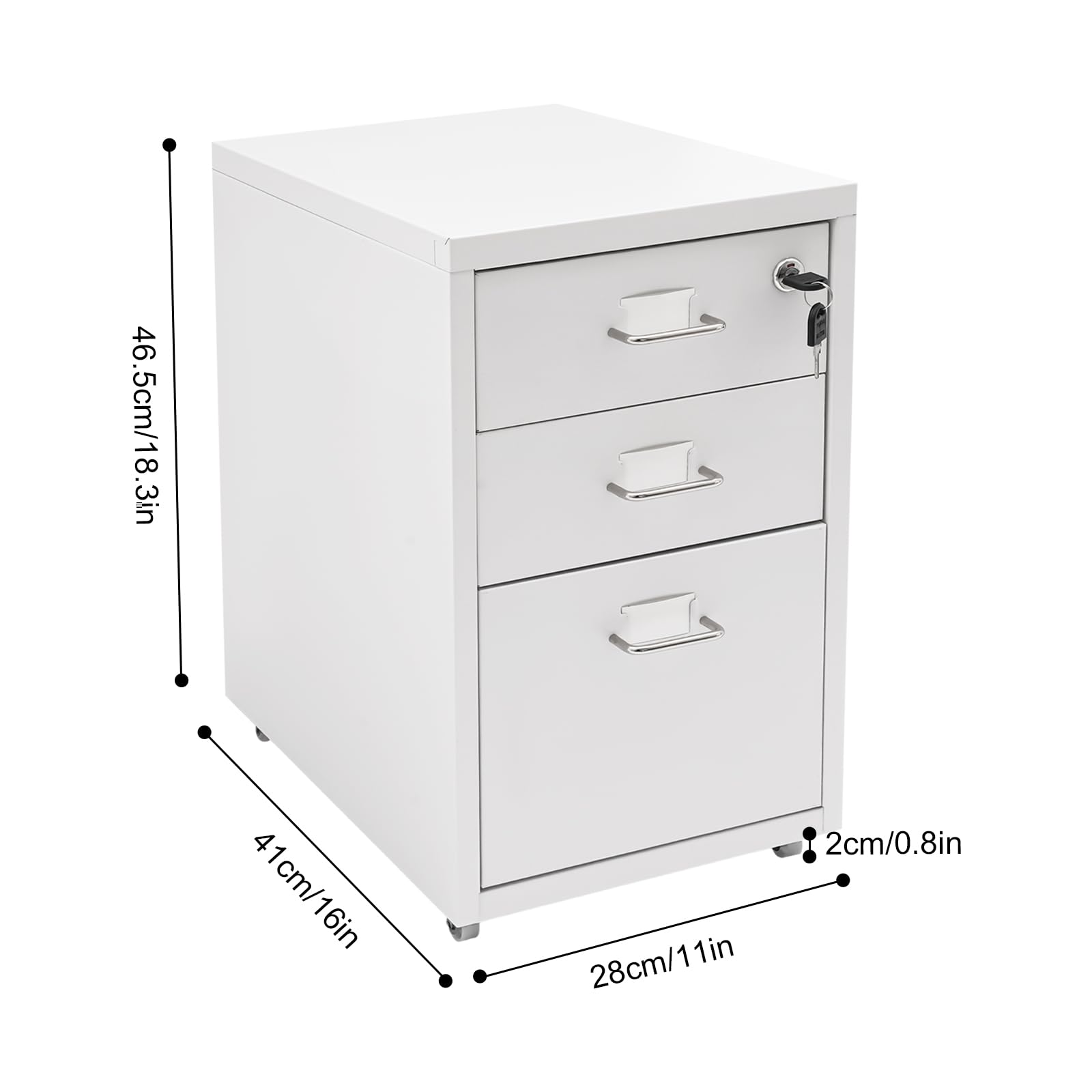Archivador vertical con cerradura, almacenamiento de metal rodante de 3 cajones para suministros de oficina y archivos estándar, diseño móvil con ruedas, solución de organización segura