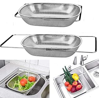 D L D Premium Quality Over The Sink Stainless Steel Oval Colander with Fine Mesh 6 Quart Strainer Basket & Expandable Rubber Grip Handles - Strain, Drain, Rinse Fruits, Vegetables (The New)