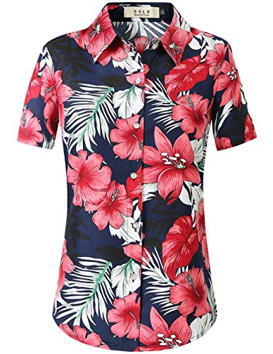 SSLR Women's Printed Short Sleeve Casual Button Down Hawaiian Shirt (Large, Navy(668-65))