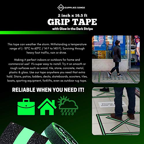 Supplies Sense Anti-Slip Grip Tape Strips 2" X16.5Ft, Non-Slip Traction Tape, Weatherproof Safety Adhesive Grip Treads With Glow In The Dark Strip, In/Outdoor Abrasive Tape For Stairs, Non-Skid Steps #TOP4