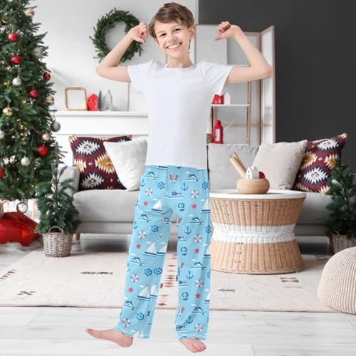Boy's Pj Pants Ocean Sailboat Dolphin Anchor Lounge Bottoms Elastic Kids Sweatpants Joggers with Pockets Size 6-142