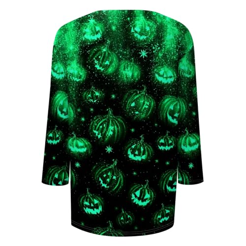 Image of Women Spooky Halloween Graphic Shirt 3 /4 Length Sleeve Crewneck Top | Halloween Funny Printed Pumpkin Plus Size Tshirts 2026 Fall Outfits Skeleton Tee Going Out Tops