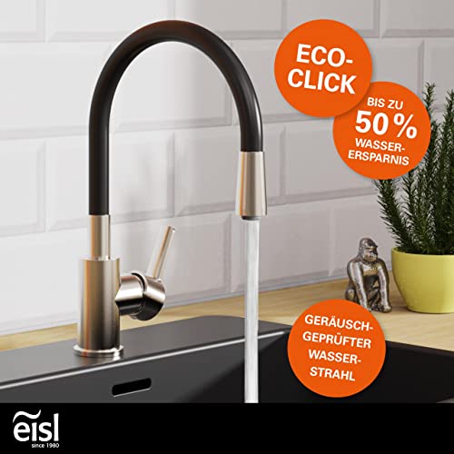 EISL Flexo Edelstahl/Schwarz Flexible Spültischarmatur, biegsamer Wasserhahn für die Küche, hoher Auslauf mit Soft-Touch-Schlauch, 360 Grad schwenkbar, Wasserhahn Küche flexibel, NI186FLNIB