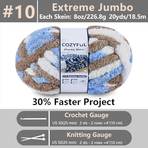 Image of Cozyful Chunky Yarn for Hand Knitting - #10 Chunky Chenille Blanket Yarn, Jumbo Big Thick Chunky Yarns for Crocheting, Tie Dye Bulky Knit Yarns, 8 Skein (20 yds 8 oz Each Skein), Khaki & Blue & White