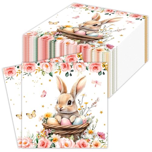 60 Stück Rosa Ostern Servietten Blume Papierservietten Paper Napkins Wegwerfservietten Bedruckte Papiertaschentücher Partyzubehör Ostern Tischdekoration (33 x 33 cm)