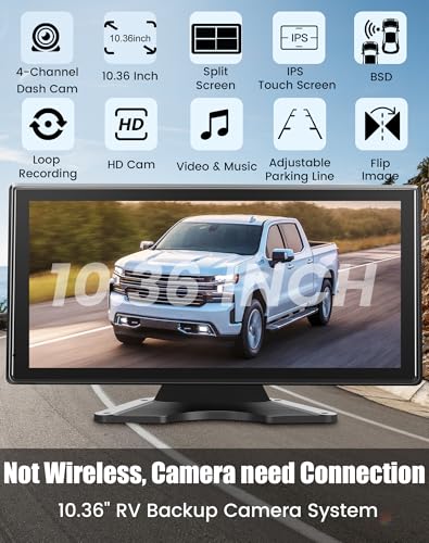 Image of 5 Channel Backup Camera System for Truck & RV - 10.36 inch IPS Touch Screen Monitor with 5 1080P HD Camera, Smart BSD Alert, DVR Recording, IP69 Waterproof Dash Cam for Semi Truck, Trailer, Van, 64GB Card