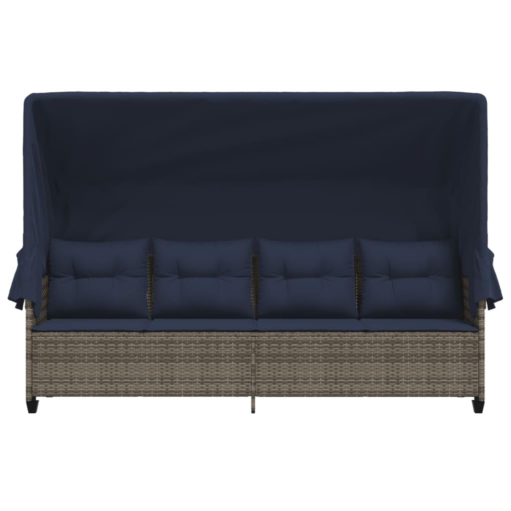 Sonnenliege mit Dach und Kissen Grau Poly Rattan, relaxliege wetterfest gepolstert, verstellbar für Garten Balkon Terrasse Pool, ergonomisch mit armlehne und UV Schutz