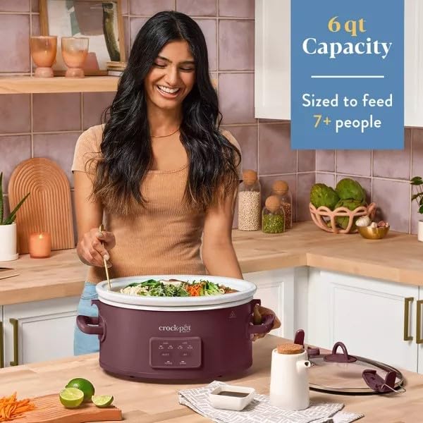 Crock-Pot 6qt Cook & Carry Programmable Slow Cooker Ceramic Lambrusco Red: 3 Settings, Dishwasher-Safe Parts, 210W-(ZazoPrime)