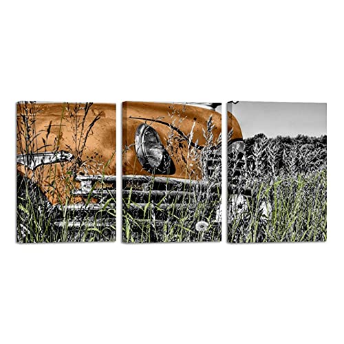 Tableau voiture vintage de 3 pièces en toile avec cadre pour décoration de salon moderne