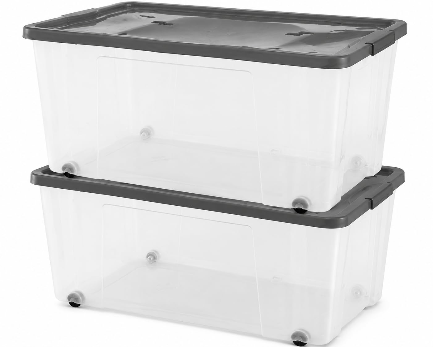 100 Litre Clear Plastic Storage Boxes with Lids & Wheels Pack of 2