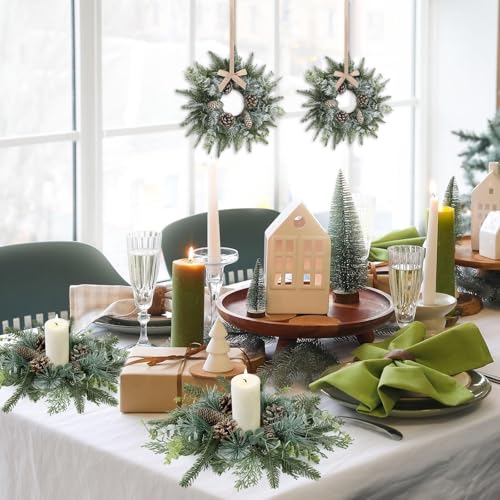 Image of 6 PCS Christmas Candle Rings Wreaths Norfolk Snowy Pine Needles Garland Pinecones Wreaths Artificial Cedar Candle Rings Holder for Christmas Wedding Home Table Centerpiece Door Window Chair Wall