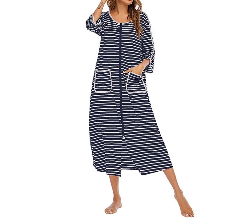 Huazong Women's Navy Robes Dressing Gowns, Zipper Robe Short/Long Sleeve Housecoat Soft Zip Up Bathrobe With Pockets Nightwear Sleepwear (, 2XL)