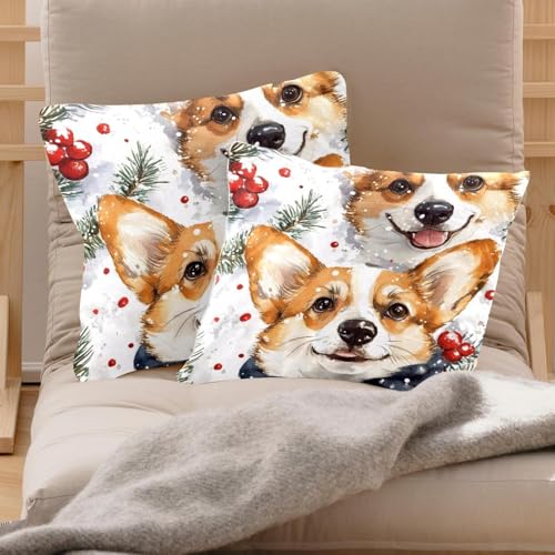 Housse coussin velours Noël aquarelle Corgi 50x50cm