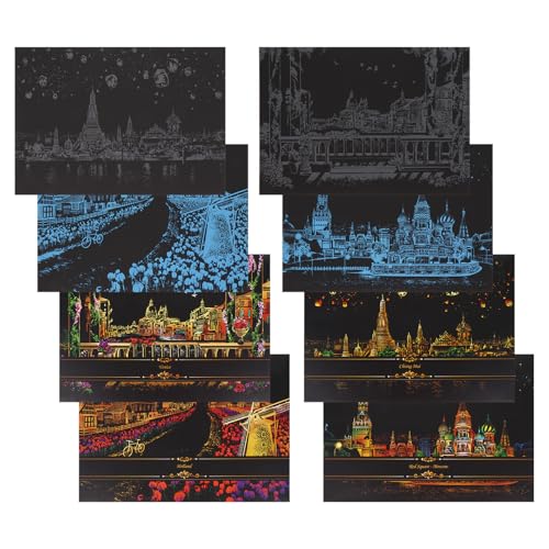Parliky Set de 8 Piezas de Papel para Rascar Diseño de Escena Nocturna Urbana Tarjetas para Rascar Papel Portátil para Viajes