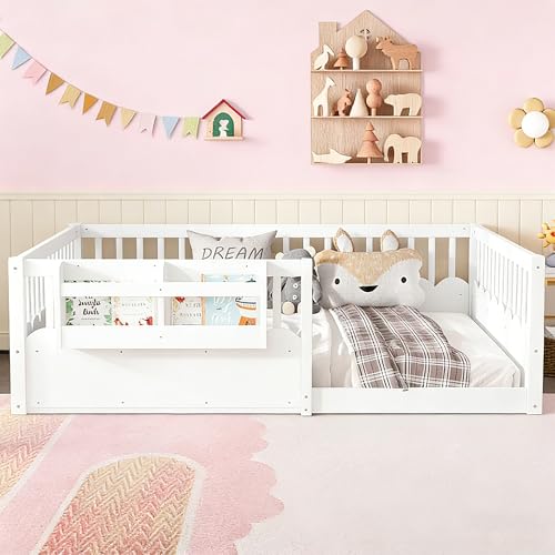 Image of Bellemave Full Size Kids Montessori Floor Bed,Solid Wood Floor Bed Frame with Bookshelf and High Fence for Kids,Girls,Boys,White