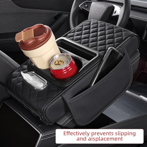 Image of Car Armrest Cushion, 5in1 Center Console Cover with 2 Cup Holders, Phone Holder, Tissue Holder, Storage Bag, Multifunctional Leather Heightened Car Armrest Cushion for Most Cars (size :13*8*3 inch)