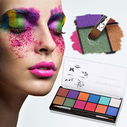 Ccbeauty 12 Colors Water Activated Face Body Paint Sfx Sparkle Glitter Makeup Palette Non Toxic Halloween Special Effect Costume Cosplay Birthday Party Theater & Stage Painting Kit With 2 Art Brushes #TOP1
