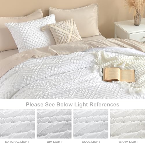 Image of Litanika White Queen Comforter Set, 3 Pieces Tufted Boho Farmhouse Bedding Comforter Sets, Lightweight Fluffy Comforter Bed Set for All Season (90x90In Comforter and 2 Pillowcases)