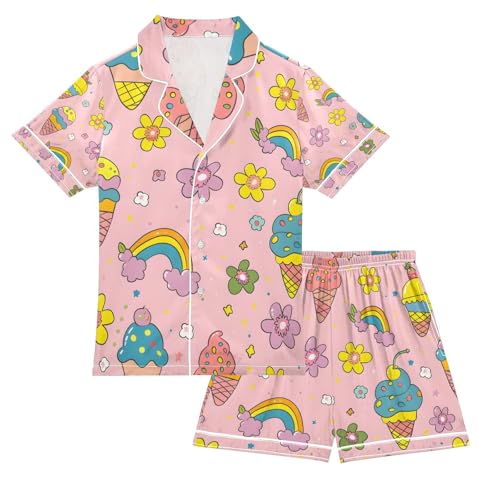 senya Rainbow Ice Cream Satin Summer Pajama Sets Silk Short Sleeve Button Down Sleepwear