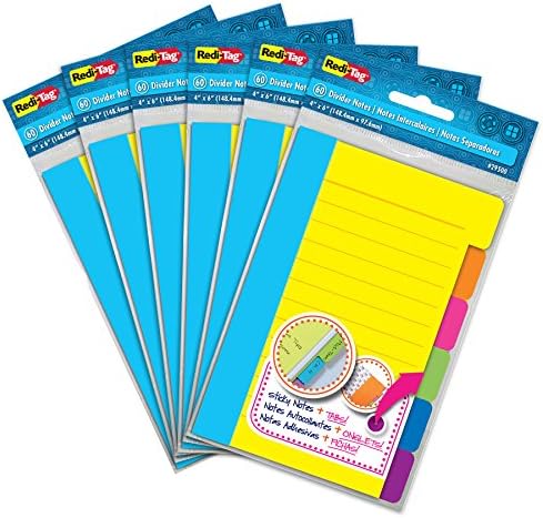 Redi-Tag Divider Sticky Notes, Tabbed Self-Stick Lined Note Pad, 60 Ruled Notes per note , 4 x 6 Inches, Assorted Neon Colors, 6 count/pack - pack of 6 (10291)