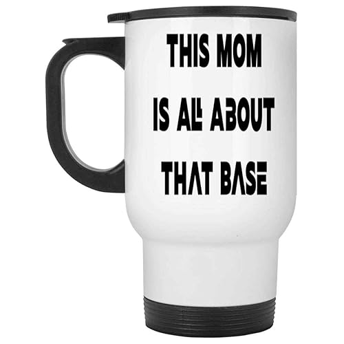 Humorous Gift Baseball Mom's Gift, Mothers Day Present for Mom - Framed Bat and Ball That Base This Moms Quote on 14 Oz White Stainless Steel Travel