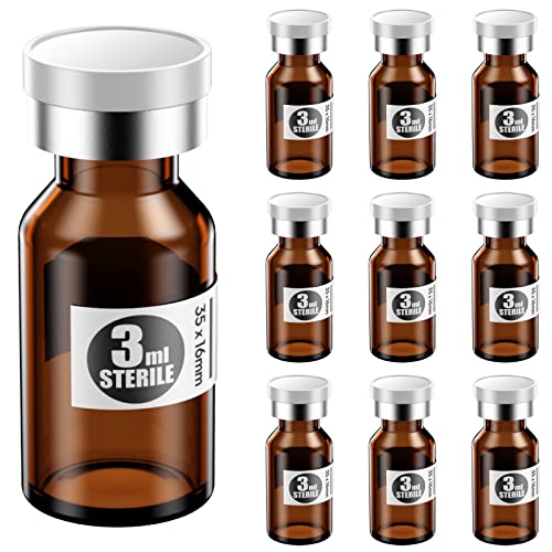 Image of Ks-Tek Sterile Empty Vials with Self Healing Injection Port,with Aluminum Plastic Cap,Sterile Package (3ml Amber,10)