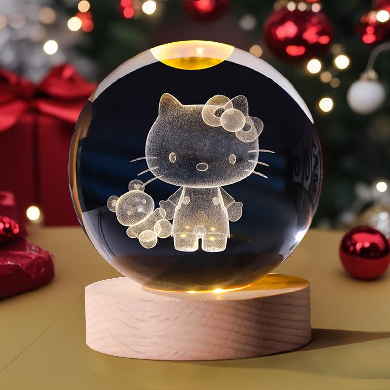 OUZAN 2.4inch Crystal Ball Night Light for Kids with Warm LED Lamps - USB-Powered Crystal Night Light with Wooden Base, Ideal Gift for Birthdays, Christmas, and Home Decoration，Cat