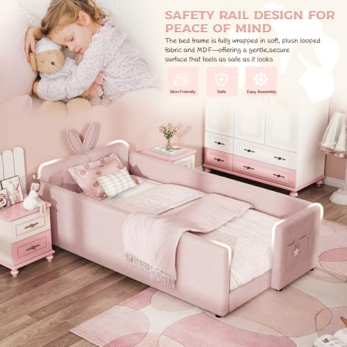 Image of Twin Size Bed Frame for Kids, 83 inch Upholstered Daybed Montessori Platform Floor Bed W /Safety Rails & Storage Pocket Cute Rabbit Ear Shaped Headboard for Girls Boys, Pink