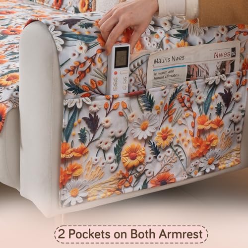 Image of HOKIPO 'Nature Muse' Premium HD Printed Holland Velvet Sofa Armrest Covers with Pockets | 1 Pair | Marigold Bloom (IN-921-L-D7*2)