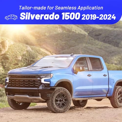 Visufy Windshield Sun Shade Custom Fit for Chevy Silverado 1500 2019-2024, Foldable Front Window Sunshade Umbrella with 360° Rotating Shaft, Car Shades for Heat Protection