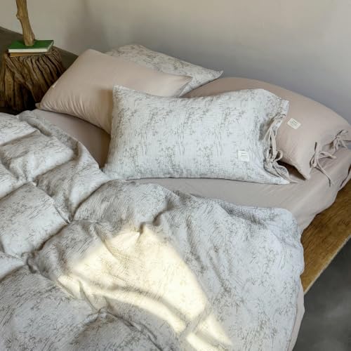 Image of VM VOUGEMARKET Double Gauze Crinkled Cotton Duvet Cover Set Queen,Rustic Beige Ink Bamboo Botanical Print Duvet Cover with Romantic Bow Ties