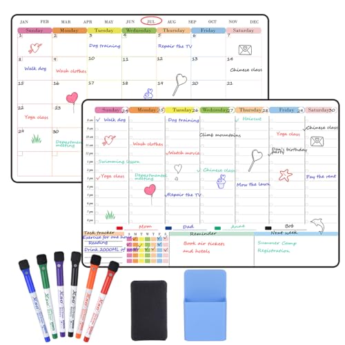 POPRUN Adhesive Dry Erase Calendar for Wall, 2 Pack Daily Schedule Board