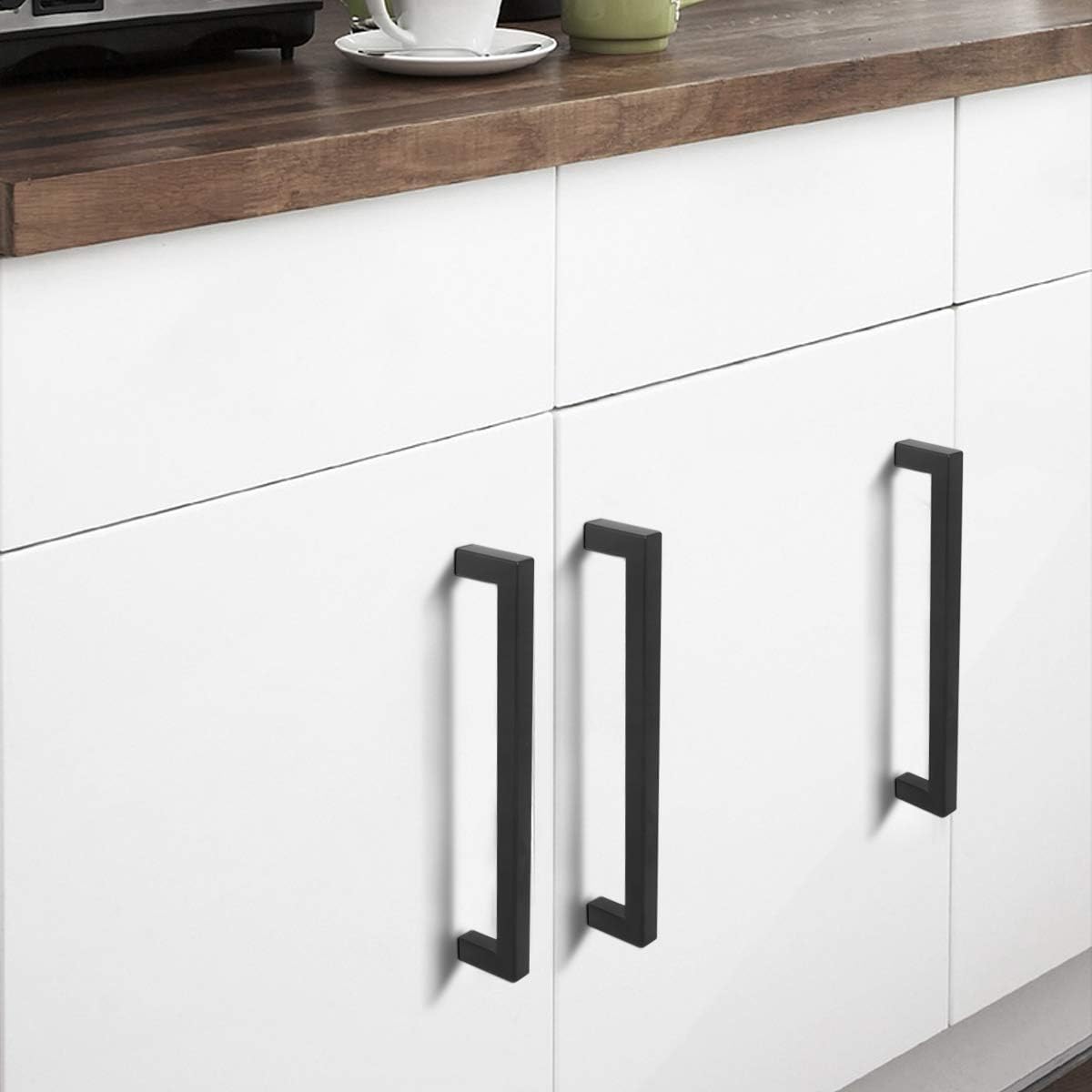 Probrico (25 Pack Matte Black Cabinet Handles Modern Square Cabinet Hardware 7-9/16 Inch(192mm) Hole Center Drawer Handles 8 Inch(202mm) Overall Length Stainless Steel Cabinet Pulls