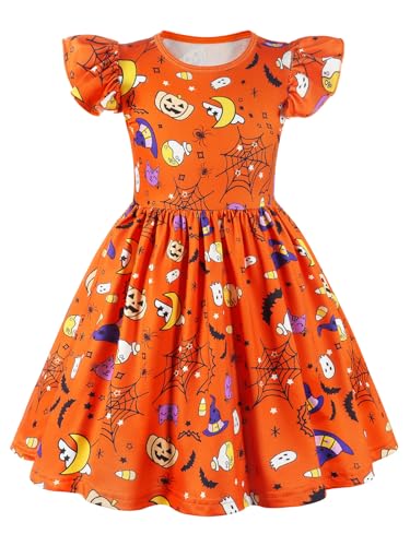 WonderBabe Girls Halloween Dress Cartoon Bats Spiders Ghosts Print Casual Party Twirly Dress for Kids Size 9-10 Orange